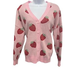 Hot Topic Pink Strawberry Cardigan Sweater Womens Small V-Neck Knit 15501333